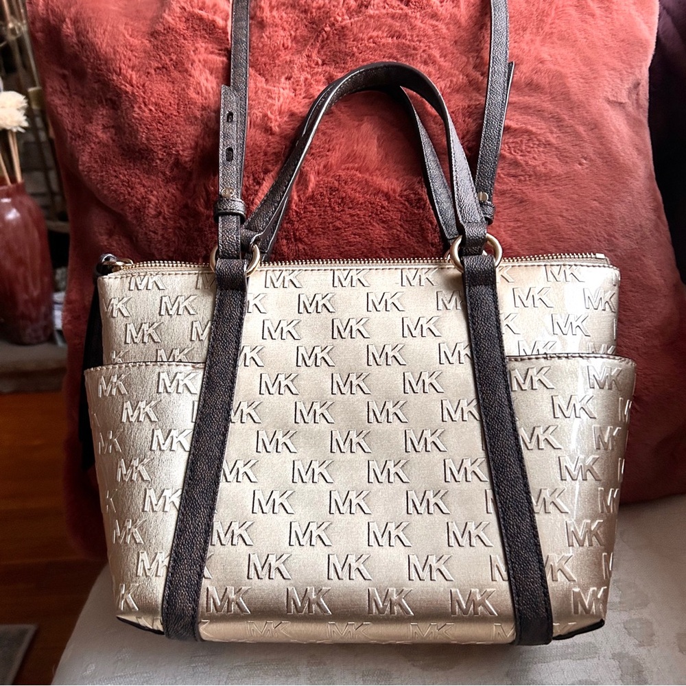 Michael Kors Gold and Brown Logo Satchel - Picture 2 of 8
